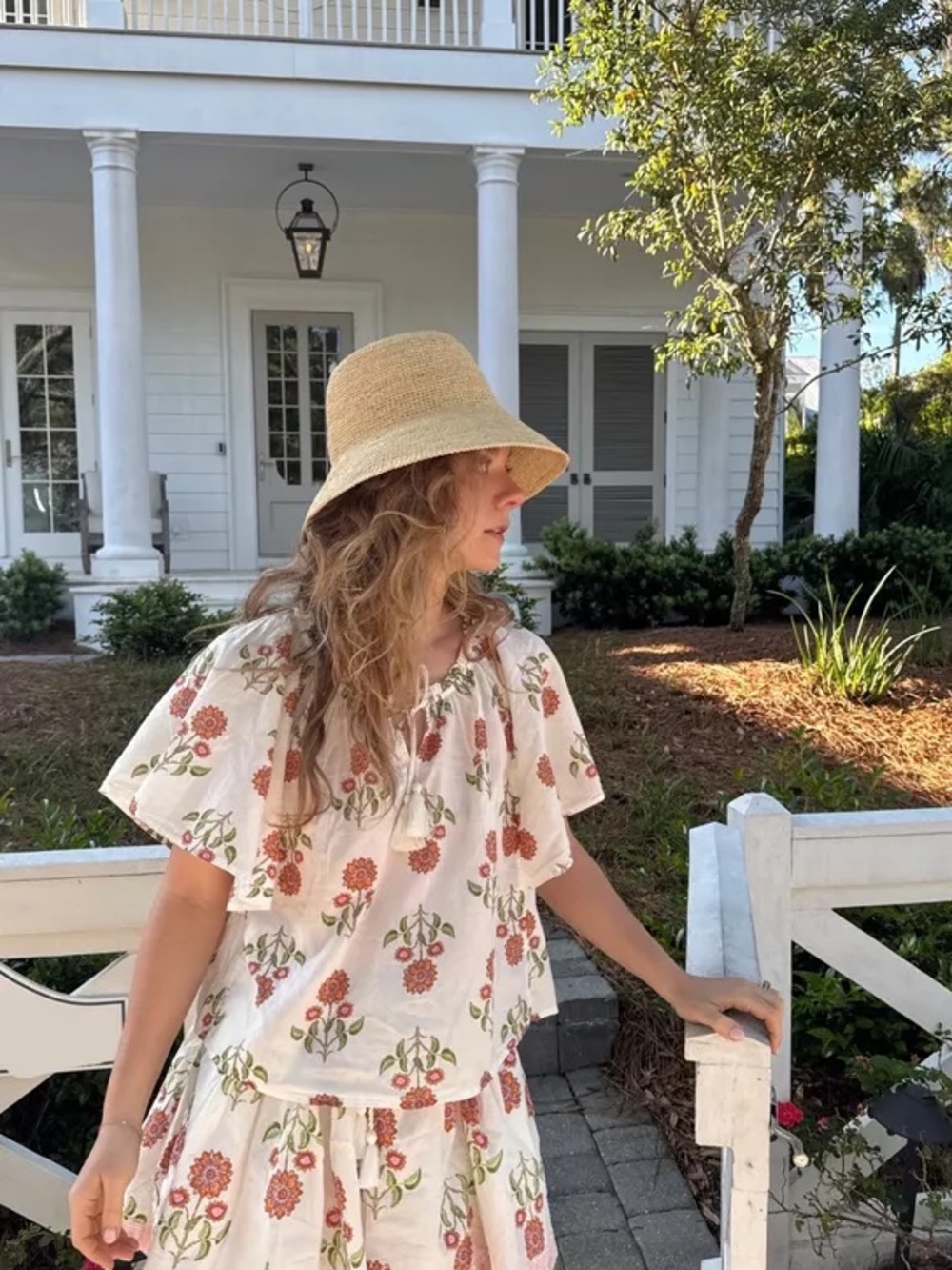 Old Navy White Floral Tie-Neck Peasant Blouse and shorts set with Coral & Green